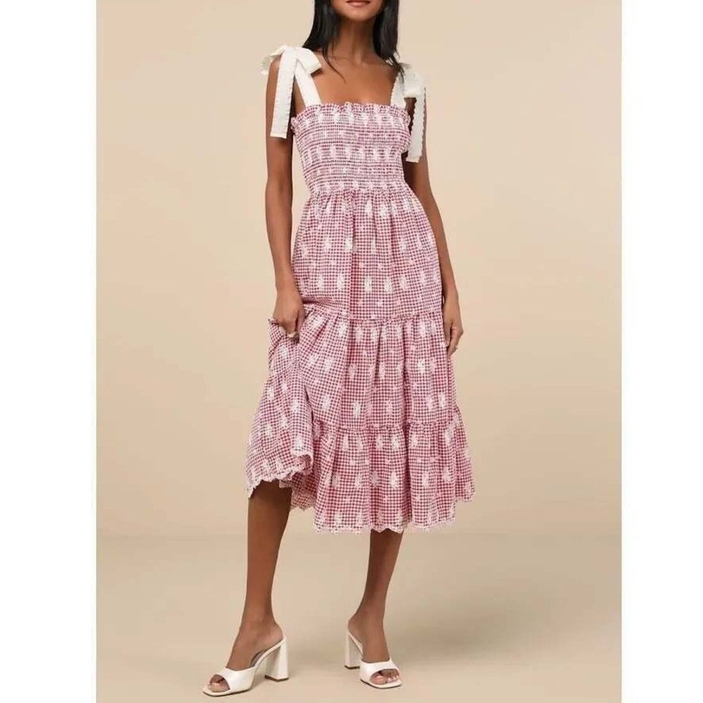Jacquie the Label Isabella Red Gingham Embroidered Tiered Midi Dress Medium